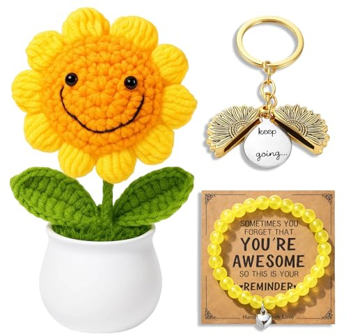 YciVhh 3PCS Sunflower Gifts, Crochet Gifts, Emotional Support Crochet With Bracelet and Sunflower Keychain, Bright Yellow Design for Graduation Ceremonies, Birthdays and Encouraging Gift