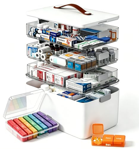 funest 4- Tier Medicine Storage Box Organizer Portable First Aid kit Box Sewing, Art, Craft with Handle, Multipurpose Medical Supply Organizer with Removable Tray 4-Tier Medicine Organizer Set