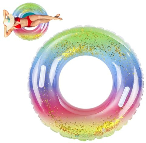 Anello da Nuoto per Adulti con Paillettes Arcobaleno Anello Galleggiante con Maniglia Tubo Gonfiabile per Piscina per Adulti Galleggianti per Feste in Spiaggia Estiva Galleggiante Trasparente