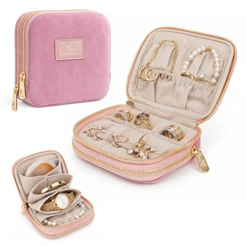 Schmuckaufbewahrung für Reisen, Schmuckkästchen Damen aus Samt, Kompakte Schmuckbox mit 8 Fächern, Schmuck Organizer für Ohrringe Halsketten, Ideales Schmuckkasten als Geschenk für Frauen