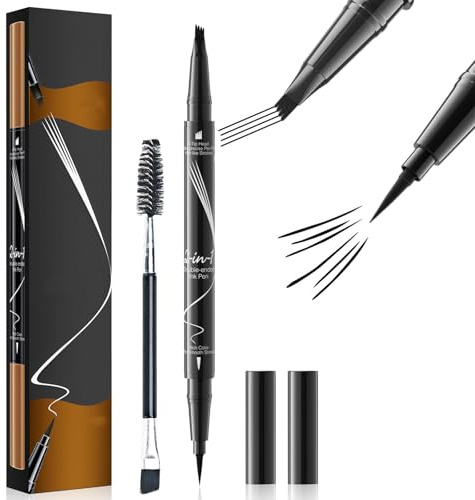 Matita Sopracciglia Microblading 2 in 1, Punta 4 Forcine & Pennello Preciso, Waterproof Anti-Sbavatura, Nero N°04 per Sopracciglia Effetto Pelo