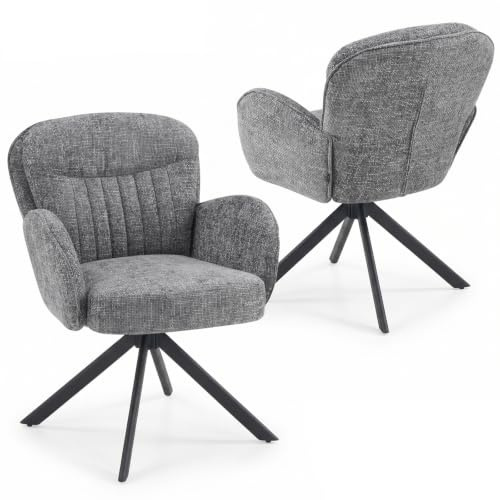 FurniSoar Esszimmerstühle 2er Set, 360° drehbar mit Armlehnen, doppelt gepolsterte Chenille-Stühle grau, ergonomische Rückenlehne, bis 160 kg/Stuhl