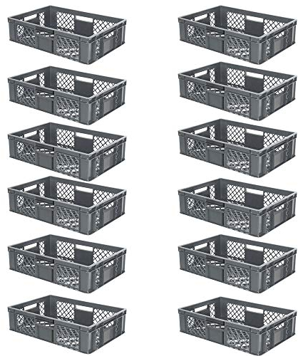 BRB 12x Eurobehälter/Stapelkorb durchbrochen, PE-HD, Industriequalität, lebensmittelecht, LxBxH 600x400x150 mm, grau