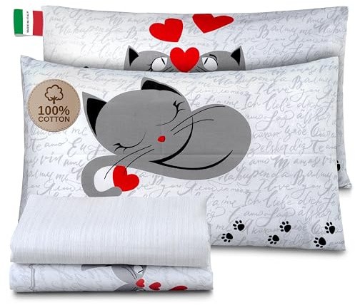 HomeLife Completo Lenzuola Matrimoniali Cotone Fantasia Made in Italy | Set Lenzuola Matrimoniale Cotone: Lenzuolo Matrimoniale Sopra, Lenzuolo Sotto Con Angoli, Due Federe Cuscini | Gattini Grigio