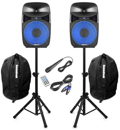 Vonyx VPS122A 12 Bluetooth Active Party Speaker Kit with Built-in Light Show, Speaker Stands and Carry Bags – Home Audio System for Medium Gatherings, Games Rooms & Man Caves