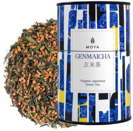 Moya Organischer Grün-Tee Genmaicha 60 g | Loseblatttee mit geröstetem, gepufftem braunem Reis | Grüner Genmai Cha aus Japan | Vegan Freundlich | in mehrfarbiger Metalldose | Perfekt Geschenk
