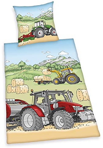 Herding Parure de Lit Young Collection, Motif Réversible Tracteur, Taie d'Oreiller 80 x 80 cm, Housse de Couette 135 x 200 cm, Avec Fermeture à Boutons, Coton/Flanelle