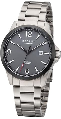 REGENT Herrenuhr mit Titan Glieder Armband und Titan Gehäuse 39 MM Durchmesser Quarz 20 Bar Arabische Zahlen Datum