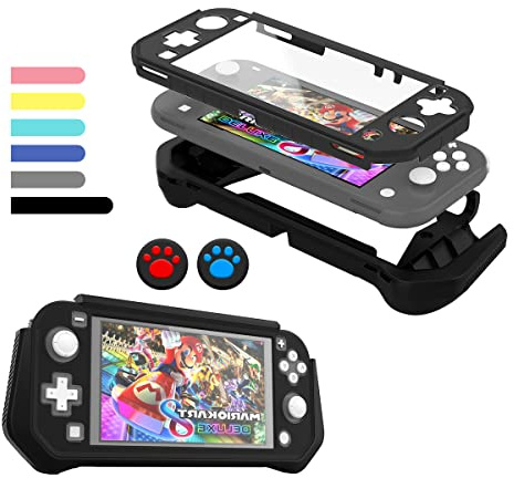 FIWWAT Custodia per Nintendo Switch Lite，Cover Switch Lite Case Protettiva in Silicone Resistente Antigraffio con Schermo PC Integrato + 2 Cuscinetti Per il Pollice,Nero
