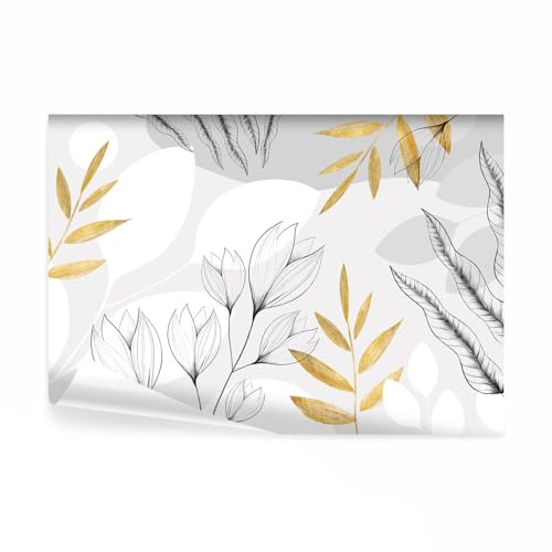 decomonkey Papier Peint Panoramique Plante 350x256 cm Décoration murale | Tapisserie décorative pour chambre salon, Géométrie nature plantes feuilles minimalisme fleurs doré, moderne