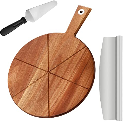 TJ POP Tagliere in Legno di Acacia 30cm per Pizza con Tagliapizza e Buccia, Vassoio Rotondo per Servire la Pizza Fatta in Casa