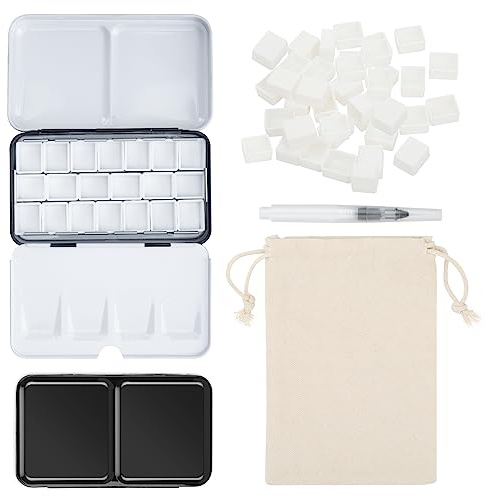 PEVART 53-teiliges Set: 1x Leere Aquarellkasten Metallbox Malkasten Aquarelldose leer Mal-Paletten, 50x Leere Aquarell Pfannen Wannen Näpfen für Aquarellfarben, 1x Wassertankpinsel, 1x Beutel