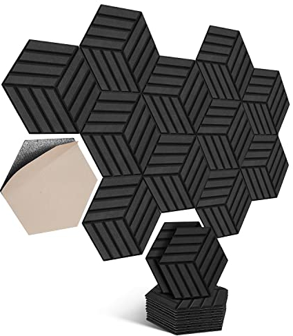 Hexagon Akustikplatten selbstklebend 12 Stück I Schallabsorber Schallschutz mit hoher Dichte für Wand Decken Holz & Tür - Akustikpanel Schallschutzplatten, 30x26x0.9cm,Streifen,Schwarz