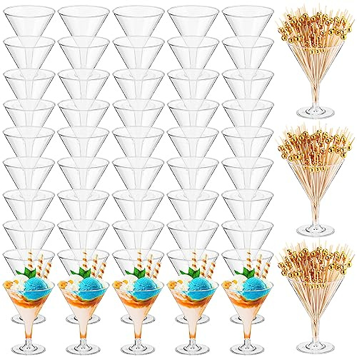 Irenare 100 Pcs 7 oz Plastic Martini Glasses and Cocktail Picks Set Disposable Clear Cocktail Dessert Glasses Unbreakable Mini Cups for Wedding Party Wine Appetizers Food