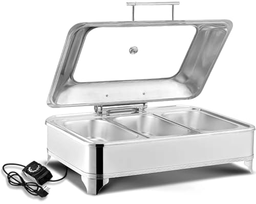 Chafing Dish Electrico, Calentador de Comida Comercial para Buffet y Fiesta, Calentadores de Comida Profesional con Cubierta de Vidrio Transparente, Temperatura Regulable (0-85℃)(Size:GN1/3)