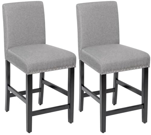 TANGZON Bar Stools Set of 2, Linen Fabric Upholstered Bar Chairs with Rivet Recor, Backrest, Rubber Wood Legs & Adjustable Foot Pads, Breakfast Counter Height Stool for Home Dining Living Room (Grey)