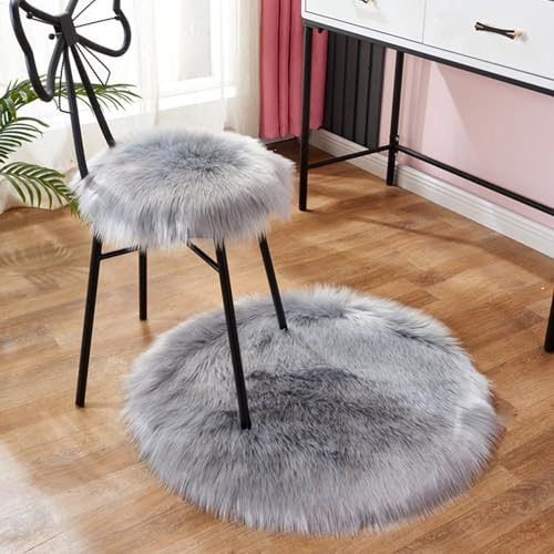 Herfair Teppich EIN Stück Teppich rund Imitat Fellteppich Kunstfell Teppich Wohnzimmer Schlafzimmer Teppiche Faux Schaffell Teppich Kunstfell Dekofell (Hellgrau,80 cm Durchmesser)