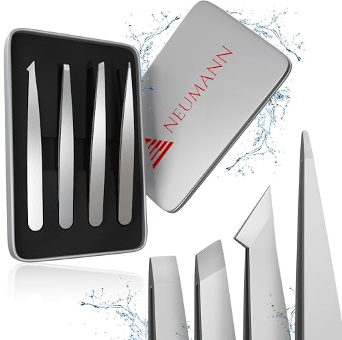 NEUMANN® Pinzetten-Set (rostfreier Edelstahl) zum entfernen von Augenbrauen und Haaren - Schrägpinzette, Spitzpinzette & mehr - Inkl. Aufbewahrungsbox [Silber]