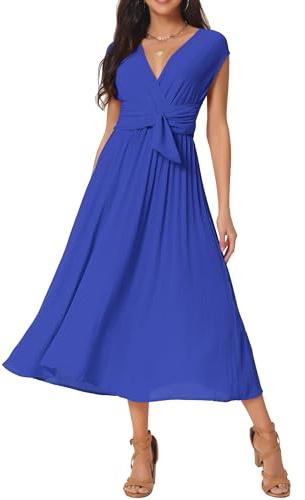 Seta T Vestido Midi Plisado con Volantes y Cuello en V, Informal, sin Mangas, con Cinturón para Mujer Azul S
