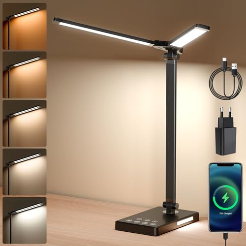 ARTINABS Lampe De Bureau Led Double Tête, Protection De Dimmable Yeux Lampe Bureau Enfant Lecture, 5 Niveaux De Luminosité & 5 Modes De Couleur Avec Port De Charge USB, Minuterie De 45 Minutes (Noir)