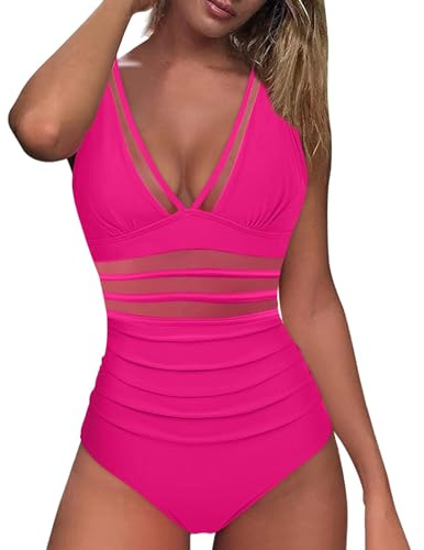 Womens One Piece Swimsuit,Sexy Mesh V Neck Swimwear Padded Ruched Swimsuits One Piece Swimming Costume Tummy Control Padded Beach Bikini Bathing Suits Vintage Push Up Monokinis Ladies UK