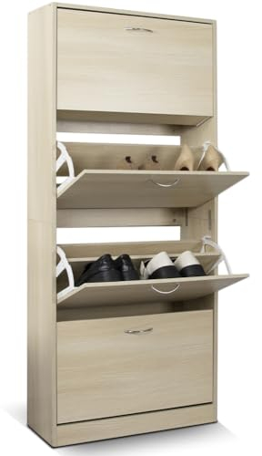 BAKAJI Scarpiera Portascarpe in Legno MDF con 4 Ante Porta Scarpe a Ribalta Maniglie in Metallo Doppia Profondità Dimensioni Compatte Slim 63 x 24 x 150 cm Salvaspazio Ingresso Casa (Olmo)