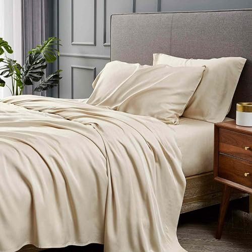 Waterlily 100% Eucalyptus Tencel Lyocell Bedding Set 4 pcs Duvet Cover Fitted Sheet Pillowcases Double King Size Vegan Silk Organic Natural Softer than Bamboo Luxury Bed Linen (Champagne, Double)