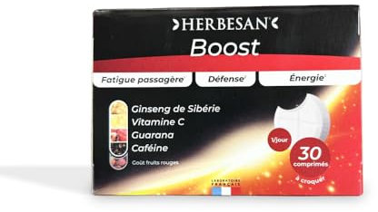 HERBESAN®- COMPLEXE BOOST - 3 ACTIFS dont caféine - Effet coup de fouet - Goût Fruit rouges - Fabrication française - 30 comprimés à croquer