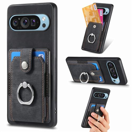 Knoowcase for Google Pixel 9 Case Google Pixel 9 Pro Phone Case Wallet Shockproof Bumper with Ring Holder Card Slots PU Leather Cover Anit-Fall Anti-Drop Kickstand Back,Black