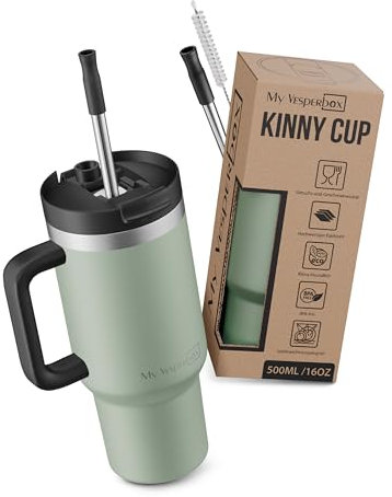 My Vesperbox Kinny Cup – Edelstahl Thermobecher mit Henkel & Strohhalm (500/950 / 1200 ml) – Isolierbecher To Go für Kaffee, Eis & Alltag – BPA-frei, Auslaufsicher, Spülmaschinenfest