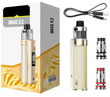 For VOOPOO Kit Drag X2 Mod 80 W Vape (Champagne dorato) 5 ML Cartuccia vuota PnP X DTL Bobina PnP X Coil 0,15Ω/0,3Ω Batteria 18650 [Batteria esclusa] Modalità Smart/RBA/ECO Originale - No Nicotine