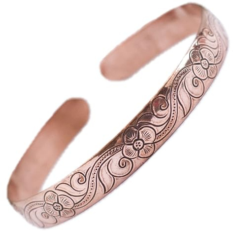 Generico Bracelet en cuivre floral sculpté à la main, bracelet minimaliste enveloppant, style boho, unisexe, bijoux de guérison en cuivre pur, fabriqué au Népal, Taglia Unica, Cuivre, Pas de gemme