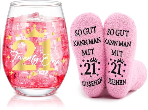 Nuenen Divertenti Regali per 21° Compleanno per Donna, Includono Bicchiere da Vino Inciso e Calzini per 21° Compleanno, Calice da Vino Senza Stelo e Calze Regalo per 21° Anniversario Matrimonio