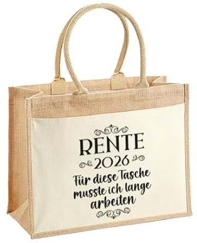 LIEBTASTISCH - Nachhaltige Jutetasche - Rente 2026 - Tasche - zum Renteneintritt - Geschenk verpackung - Pension - Mann - Frau - Lustig (M (30x30x19 cm))