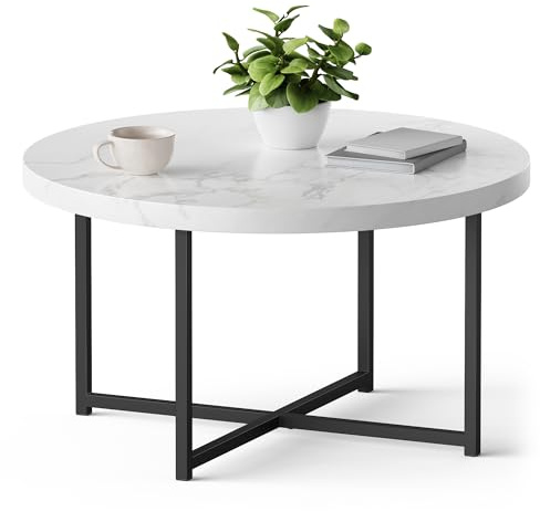 VonHaus Marble Look Coffee Table for Living Room | White & Grey Marble Design - Modern Style with Black Metal Legs - Centre Table for Living Room with 80cm Diameter - Mosley