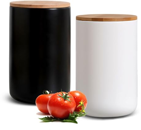 Vorratsdosen 2er Set 800 ml, Keramikdosen mit luftdichtem Bambus-Deckel | Keramik Aufbewahrungsdose Vorratsbehälter für Tee, Zucker, Kaffee, Gewürze (Weiß & Schwarz)