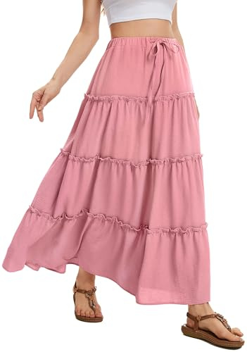 WUWUSKY Women's Skirts Elastic High Waist Flowy Maxi Skirt Summer Casual Elasticated A Line Skirts with Pockets,Brick Red,S
