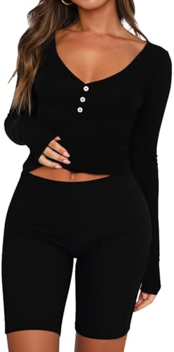 LACOZY 2 Piece Crop Top and Shorts for Woman Long Sleeve Causal V Neck Matching Tank Top Lounge Sets Sleepwear Pajama Set Black S
