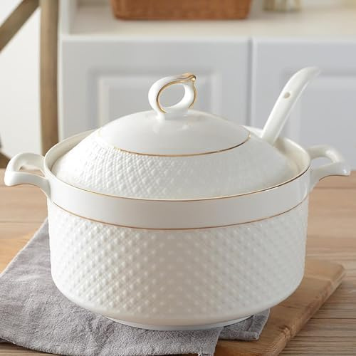 FENNVV Ceramic Soup Tureen Large Capacity Serving Bowl with Lid and Spoon White Porcelain Soup Tureen with Gold Design for Salad Pasta Noodles Stew, Microwave and Dishwasher Safe,2.2L/2Quarts