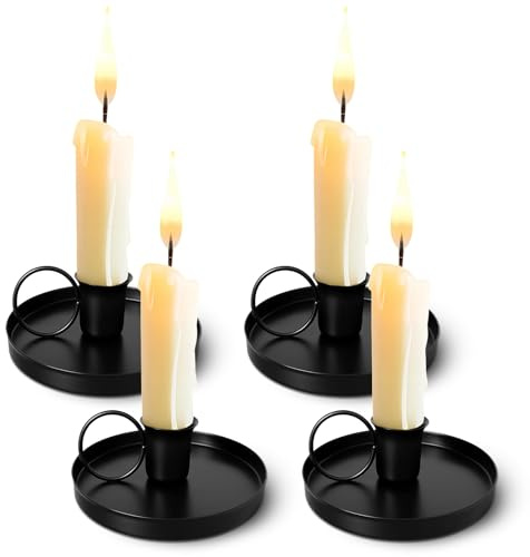 4 Black Iron Candlestick Holders, 10.5 x 10.5 x 3.5 cm, Candle Holders for Home Decor, Wedding Party, Candle Sticks Holder, for Halloween Valentine Christmas Wedding Party