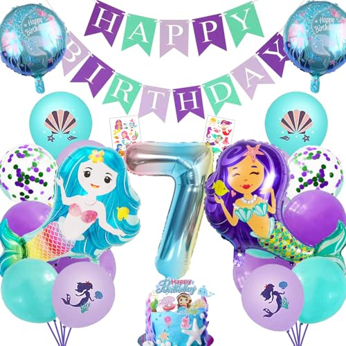 YOUYIKE 7 Jahre Meerjungfrau Deko Kindergeburtstag, Geburtstag Mädchen Meerjungfrau Deko, XXL Folienballon Mermaid Meerjungfrau Ballonset mit Happy Birthday Banner Mermaid Cake Plugin