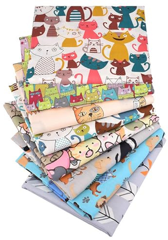Gorsmoon 8er Set Baumwollstoff Meterware 50x50cm-Hochdichter Baumwollstoff Nähen,Patchwork&Quilten-Stoffpaket mit Tiermotiven,Blumen,Punkten&Karos für DIY-Handarbeiten (8, Cartoon Katze)