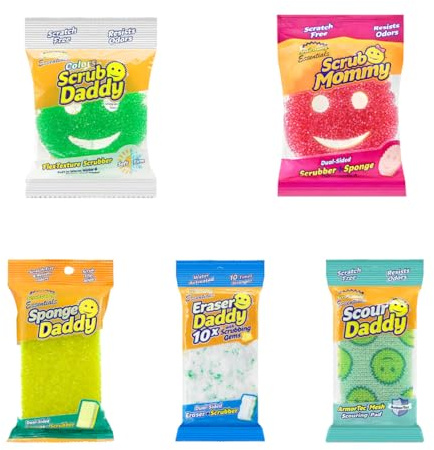 Scrub Daddy Essentials Coffret Complet avec Scrub Mommy, Scour, Sponge Daddy & Eraser Daddy, Éponges Sourire pour Le Nettoyage et la Vaisselle, Lot de Tampons de Cuisine Non Rayants, Pack de 5