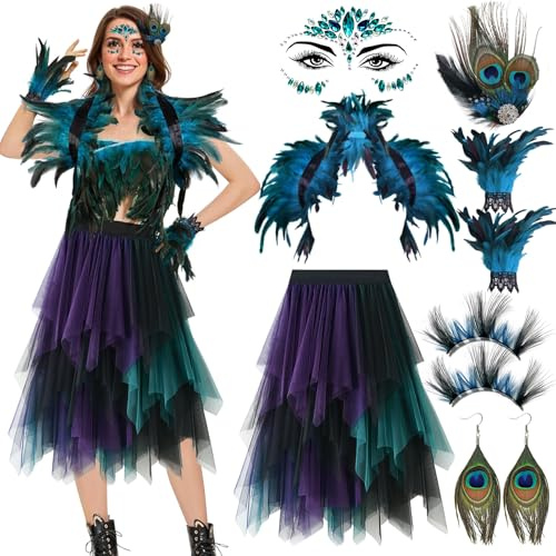 7 Stück Pfau Kostüm Damen Tüllrock Lang Set Karneval Pfauen Kostüm Pfau Damen kopfschmuck Federkragen Pfauenfedern Handschuhe Ohrringe Tattoo Accessoires Vogel Faschingskostüme Frauen Mottoparty