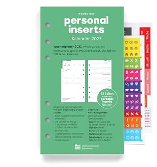 weekview Personal-Einlagen 2027 A7 | 95×170 mm – 1 Woche = 2 Seiten – 80 g Papier mit Griffregister & 32 Seiten Notizteil – Filofax-Lochung 19-19-51-19-19 – mit Zielen, Quartals- & Jahresübersichten