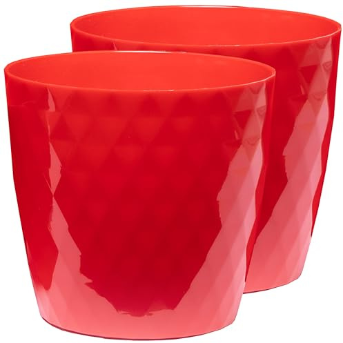 Home Garden Ornaments Plant Pots Indoor, 2 Pack, No Holes, Glossy Crystal Look, Decorative Plastic Planters (Red 20cm / 7.9 inch)