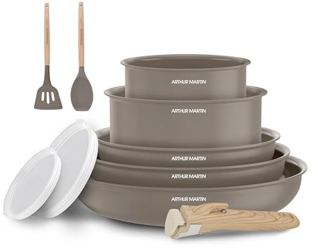 Arthur Martin Batterie de Cuisine 10 Pièces Aluminium Céramique, Marron | aluminium 2,5 mm, revêtement céramique, couvercles hermétiques, ustensiles bois et silicone, tous feux induction