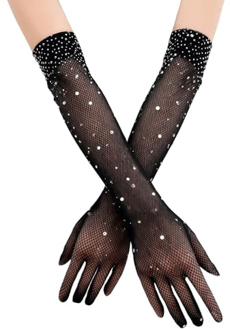 DUOYIJIN Long Fishnet Gloves with Rhinestones Sparkly Glitter Fish Net Gloves for 80s Fancy Dress Evening Party Costume Halloween Cosplay Accessories for Women, Black