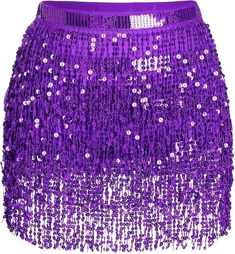 Glitzer Rock Damen Pailletten Rock, Quasten Bauchtanz Wickelrock Damen Karneval Kostüm Cowgirl Tanzkleid Steampunk Quastenrock Rave Outfit Hüfttuch Faschingskostüme für Fasching Karneval Party