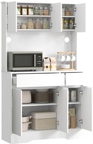 HOMCOM Credenza Cucina Alta con 6 Ante e 2 Cassetti 100x38x180 cm Bianco